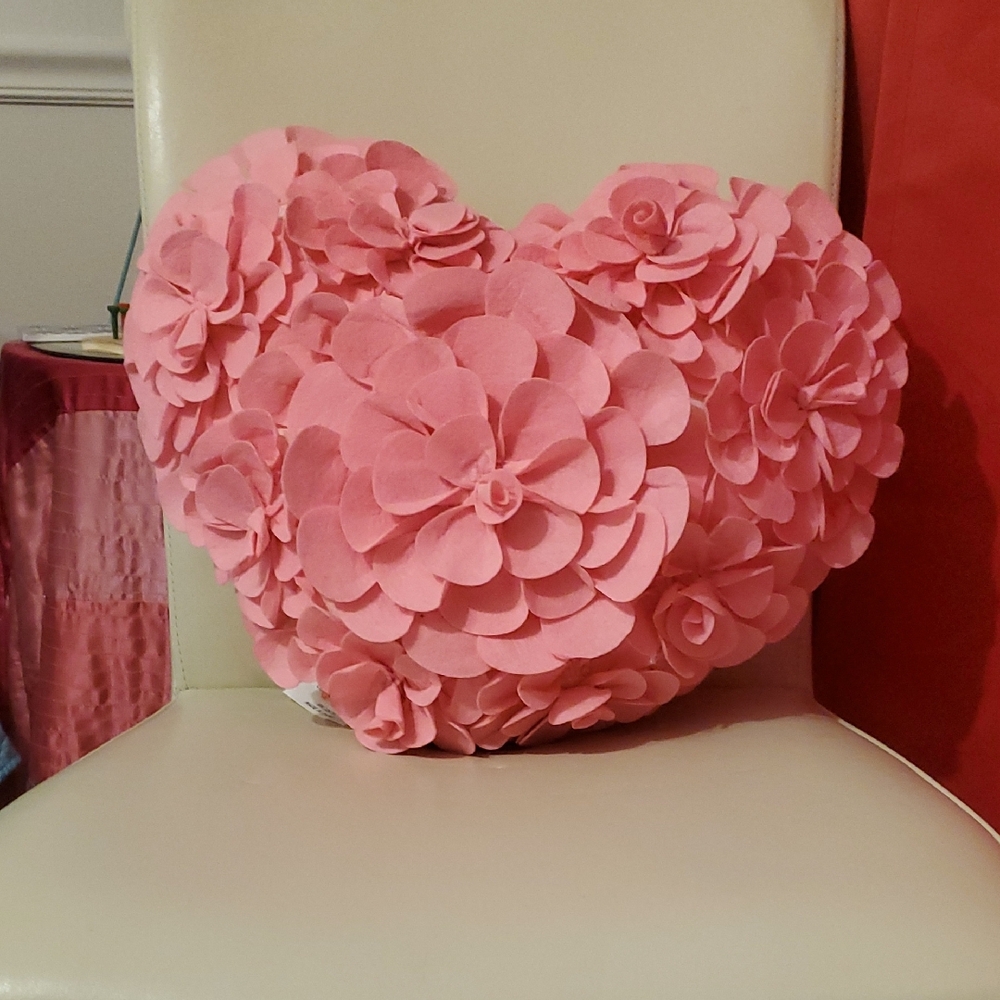 Large, Soft, Pink Rosette Petals Heart-Shaped Pillow